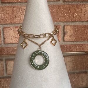 ✨ Gold Chain Bracelet with Green Enamel Medallion & Charms ✨